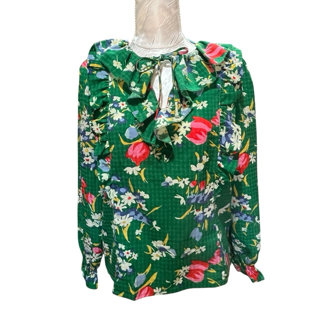 LOFT Petites Sz XXSP Green Floral Bouquet Ruffle Trim Tie Neck Blouse Gingham